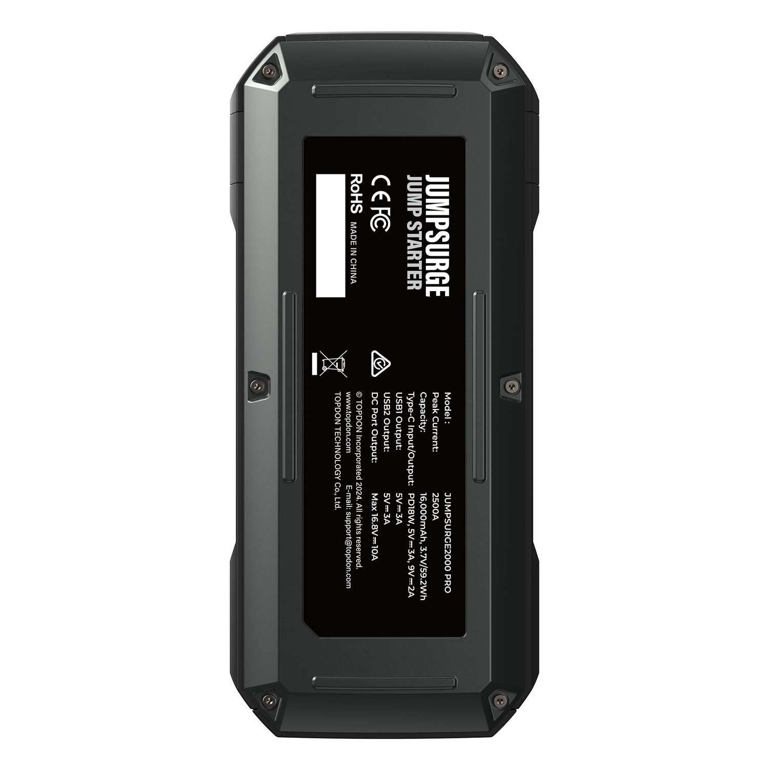 Back view of the TOPDON JumpSurge2000Pro (JS2000Pro) jump starter showing product label, certifications, and technical specs panel.