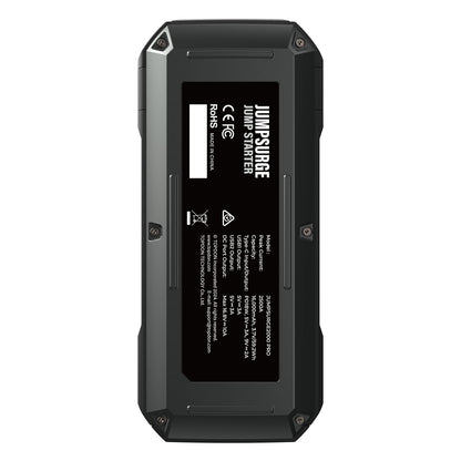 Back view of the TOPDON JumpSurge2000Pro (JS2000Pro) jump starter showing product label, certifications, and technical specs panel.