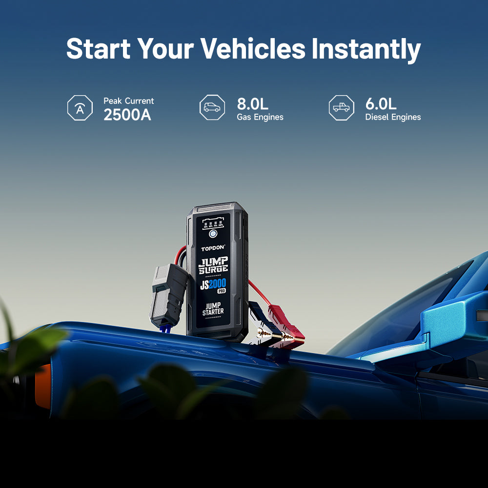 TOPDON JumpSurge2000Pro (JS2000Pro) jump starter shown on a vehicle with specs for 2500A peak current, up to 8.0L gas and 6.0L diesel engines.