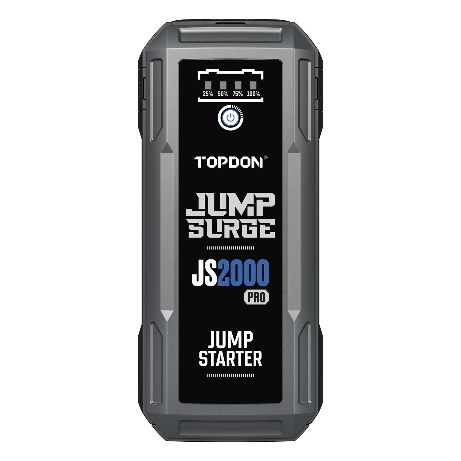 Front view of the TOPDON JumpSurge2000Pro (JS2000Pro) jump starter showing battery level indicators and power button.