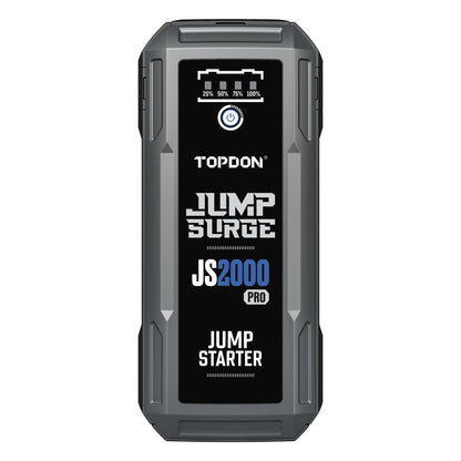 Front view of the TOPDON JumpSurge2000Pro (JS2000Pro) jump starter showing battery level indicators and power button.