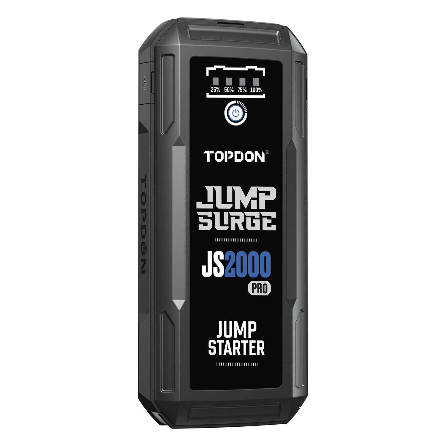 Side-angled view of the TOPDON JumpSurge2000Pro (JS2000Pro) jump starter highlighting the rugged body design and front display.