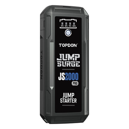 Side-angled view of the TOPDON JumpSurge2000Pro (JS2000Pro) jump starter highlighting the rugged body design and front display.