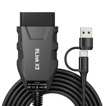 Full view of the RLink X3 diagnostic cable with USB and USB-C connectors, designed for compatibility with GM, Ford, and Chrysler vehicles.