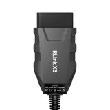 Front view of the TOPDON RLink X3 automotive diagnostic adapter, showing its rugged design and labeling for GM, Ford, and Chrysler compatibility.