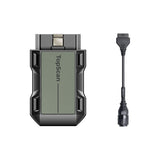 TopScan Moto diagnostic scanner with green display and black grip, shown with OBD2 connector cable.