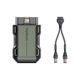 TopScan Moto diagnostic scanner with green display and black rubber grip, plus Y-shaped connector cable with dual ports.