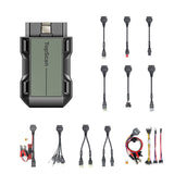 TopScan Moto diagnostic scanner with green display and black casing, shown with assorted vehicle connector cables and adapter