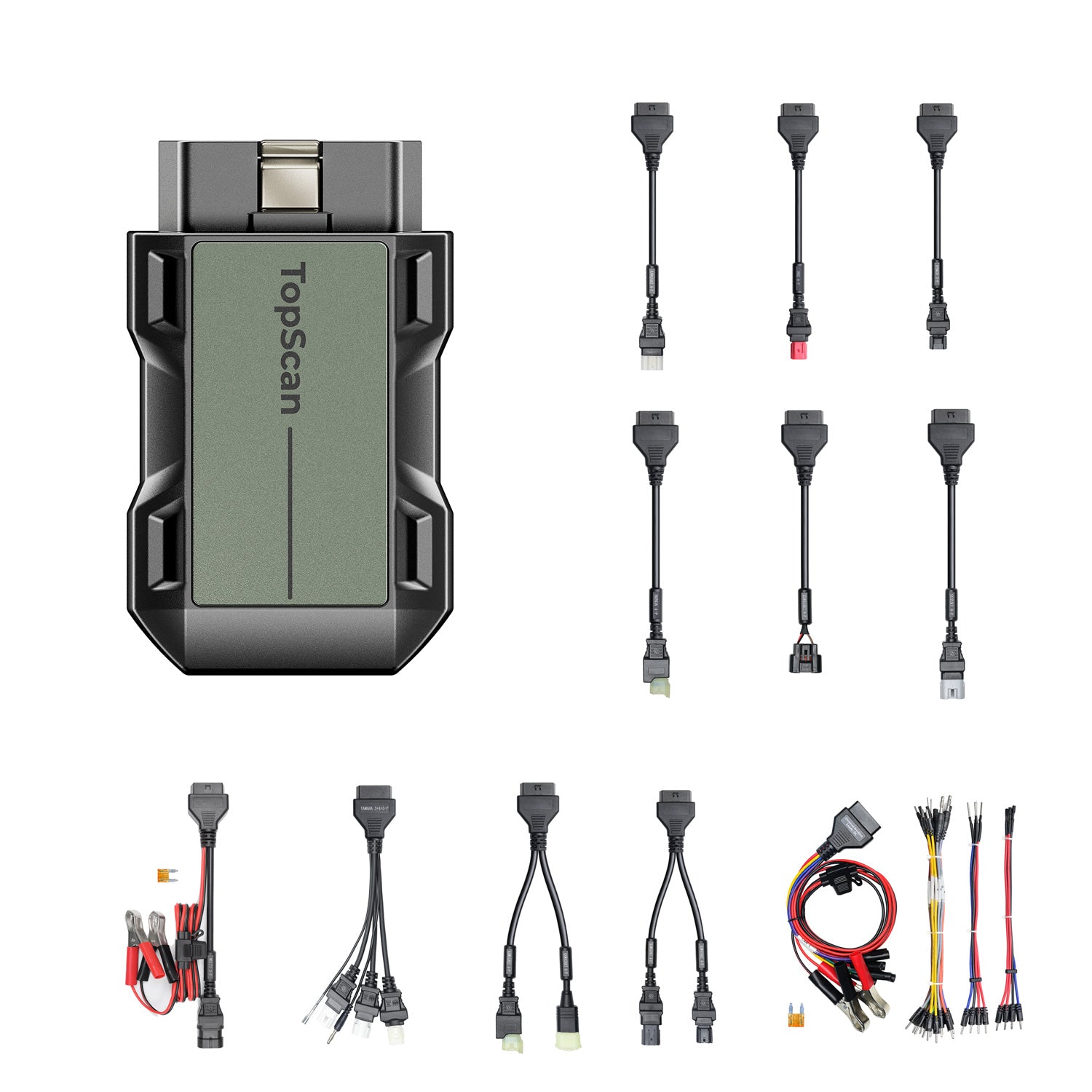 TopScan Moto diagnostic scanner with green display and black casing, shown with assorted vehicle connector cables and adapter