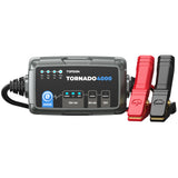 Tornado4000 battery charger with gray case, digital display panel, and red and black clamp connectors.