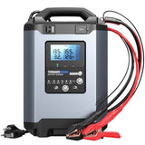Tornado90000 battery charger with LCD display showing voltage and amperage readings, red and black charging cables, and power