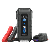 V1500 black jump starter with red and black clamps, battery indicator lights, power button, and accessories.