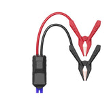 Two replacement cable sets with red and black alligator clips connected to a black adapter box with blue terminals.