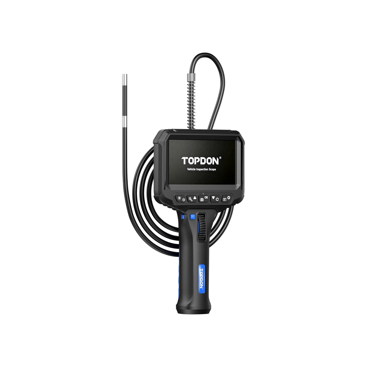 TOPDON VIS002 handheld videoscope showing controls and 4.3-inch display