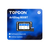 TOPDON ArtiDiag 900BT diagnostic device with touchscreen display and wireless module on blue background.