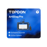 TOPDON ArtiDiag Pro diagnostic device with cable on blue background showing software upgrade and online update options.
