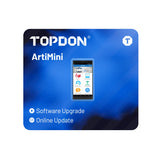 Topdon ArtiMini software upgrade card showing smartphone app interface on blue background.