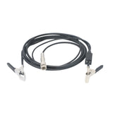 Black coiled cable with two metal clamps at each end and a connector in the center.