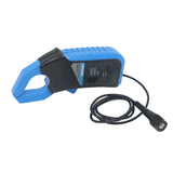 Blue and black AC/DC current clamp meter with open jaw design and attached black probe cable.
