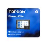 TOPDON Phoenix Elite diagnostic tablet with software upgrade and online update options displayed on blue background.
