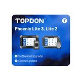 TOPDON Phoenix Lite 3 and Lite 2 diagnostic devices with software upgrade and online update text on blue background.