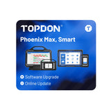 TOPDON Phoenix Max and Smart diagnostic devices with tablets displaying software interface on blue background.
