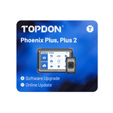 TOPDON Phoenix Plus and Plus 2 diagnostic software upgrade card with tablet and device display on blue background.