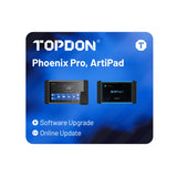 TOPDON Phoenix Pro and ArtiPad software upgrade and online update service promotional graphic on blue background.