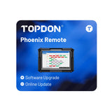 TOPDON Phoenix Remote software upgrade card with online update feature displayed on blue background.