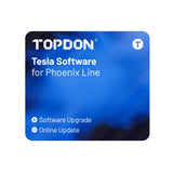 TOPDON blue card showing Tesla Software for Phoenix Line with Software Upgrade and Online Update icons.