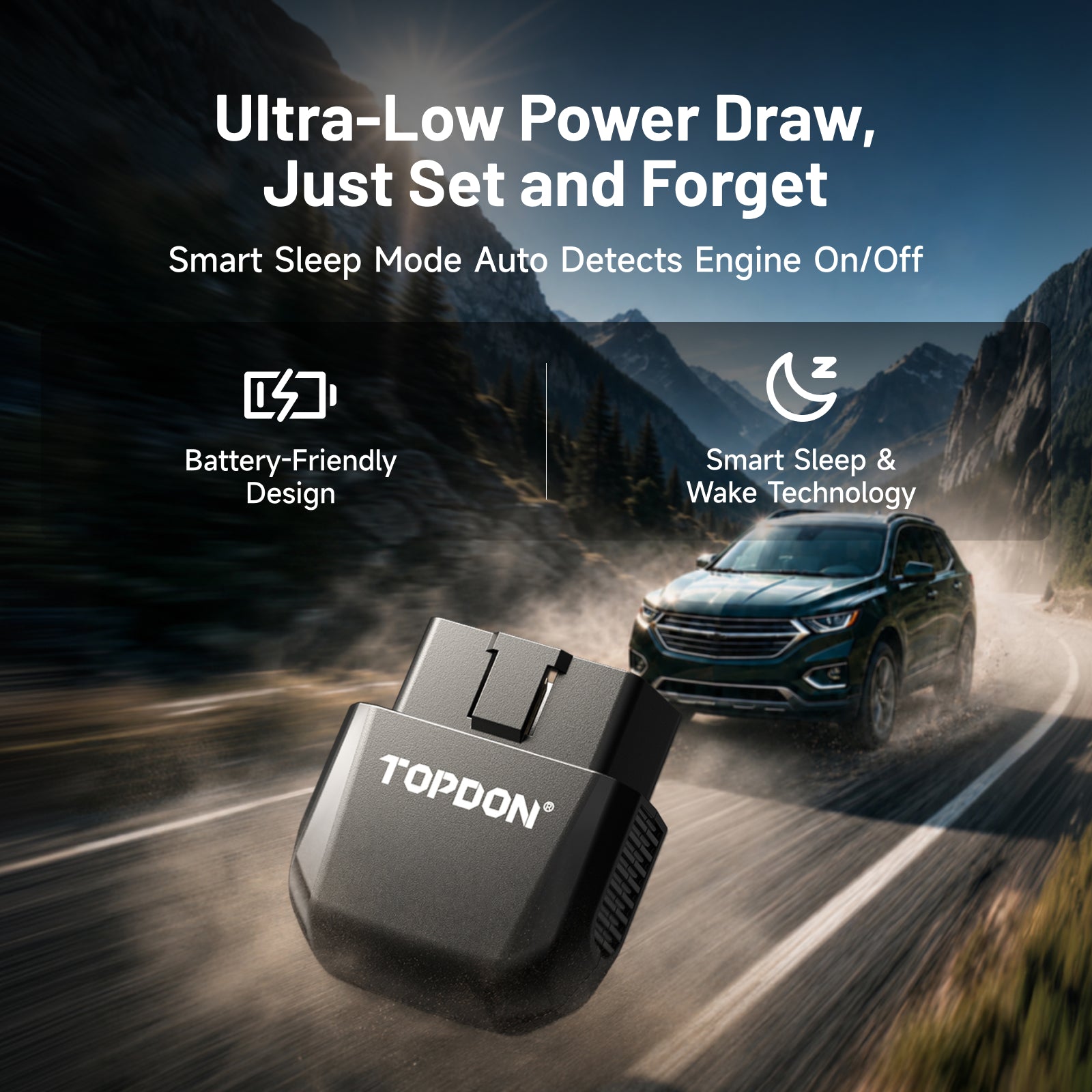 TOPDON AFM Disabler A+ graphic showing ultra-low power draw, battery-friendly smart sleep mode, and automatic engine on-off detection