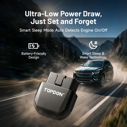 TOPDON AFM Disabler A+ graphic showing ultra-low power draw, battery-friendly smart sleep mode, and automatic engine on-off detection
