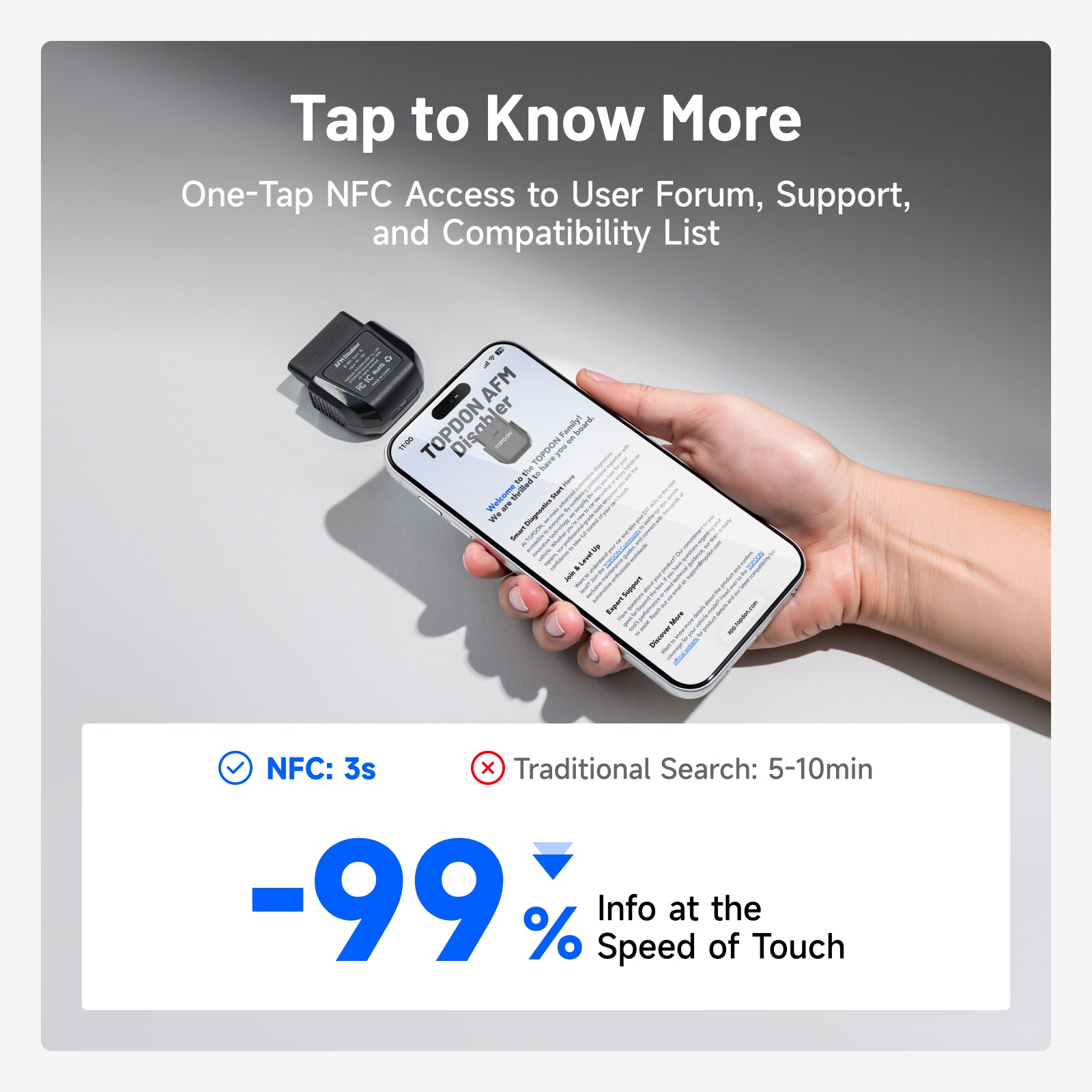TOPDON AFM Disabler A+ image showing NFC one-tap smartphone access to the user forum, product support, and GM vehicle compatibility list