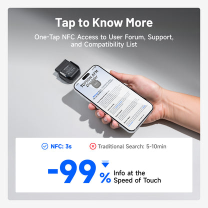 TOPDON AFM Disabler A+ image showing NFC one-tap smartphone access to the user forum, product support, and GM vehicle compatibility list