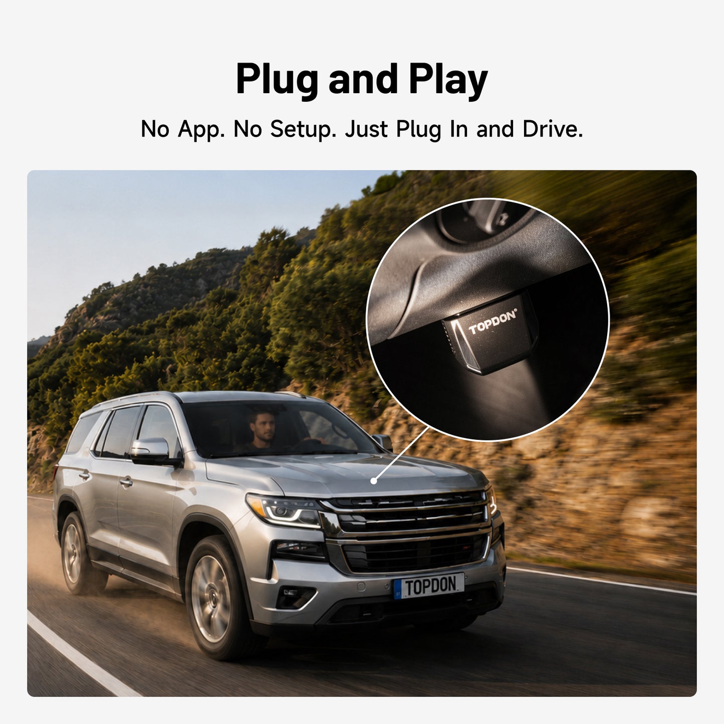 TOPDON AFM Disabler A+ graphic showing plug-and-play OBD2 installation in a GM vehicle with no app or setup required