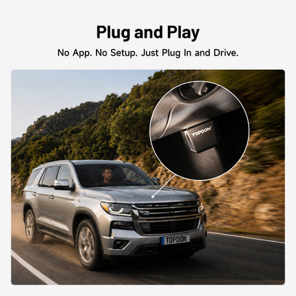 TOPDON AFM Disabler A+ graphic showing plug-and-play OBD2 installation in a GM vehicle with no app or setup required