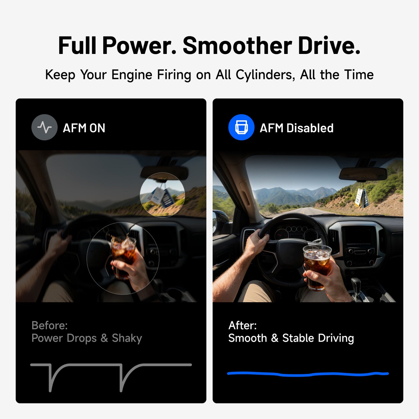 TOPDON AFM Disabler A+ comparison graphic showing AFM enabled power drops versus AFM disabled smooth and stable driving