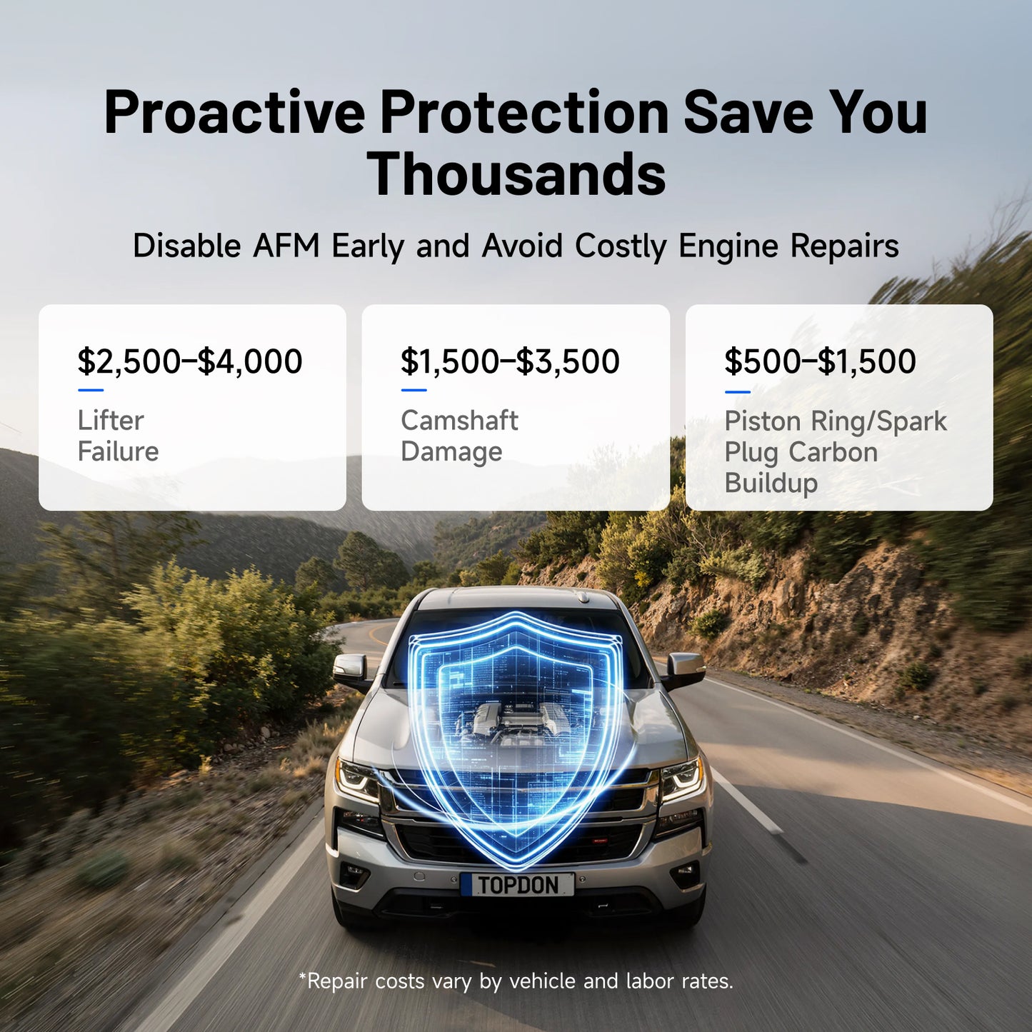 TOPDON AFM Disabler A+ graphic showing proactive AFM protection and estimated GM lifter, camshaft, and piston ring repair costs