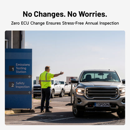 TOPDON AFM Disabler A+ graphic showing zero ECU changes for a stress-free emissions test and annual vehicle inspection