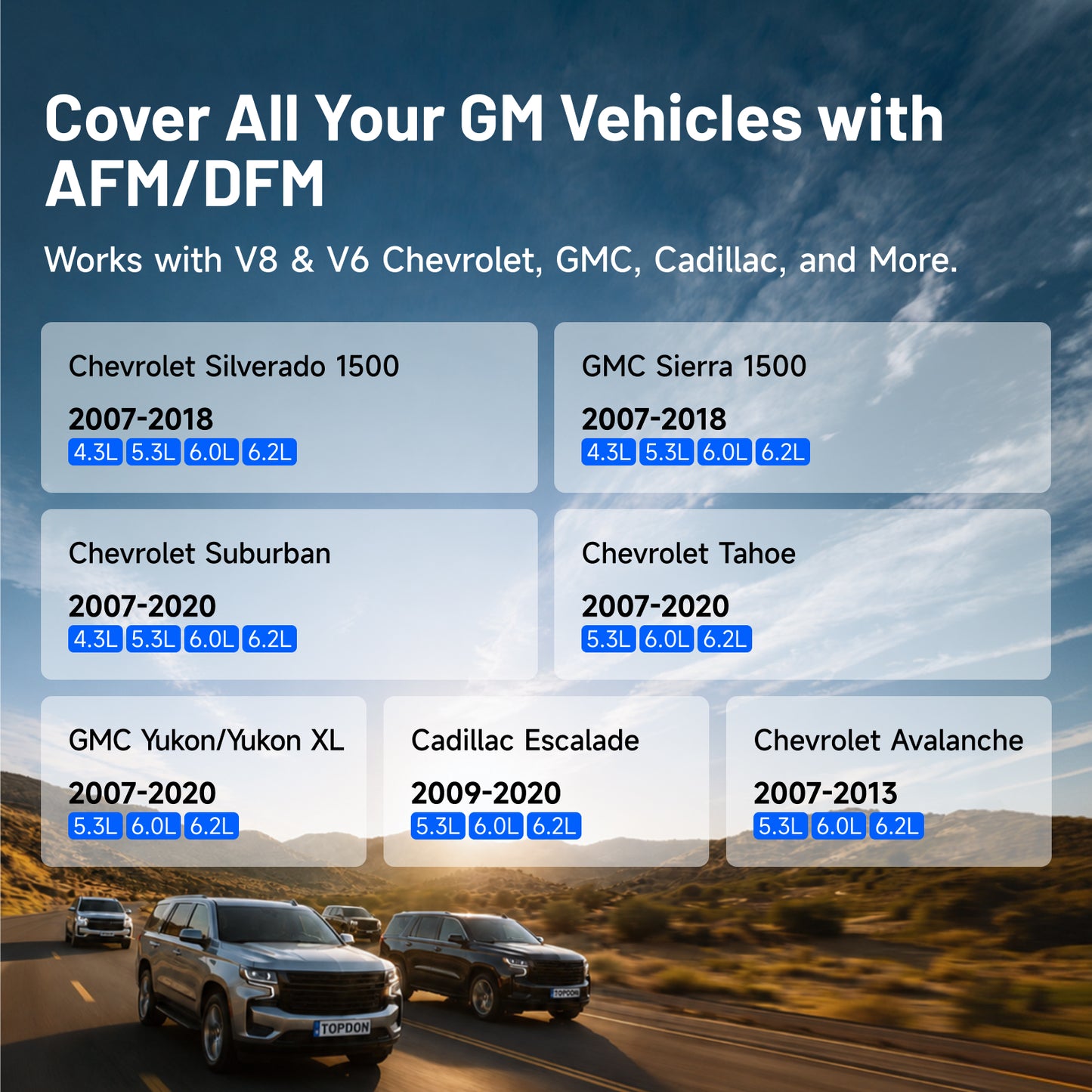 TOPDON AFM Disabler A+ graphic listing GM V6 and V8 compatibility for Chevrolet Silverado, GMC Sierra, Suburban, Tahoe, Yukon, Escalade, and Avalanche