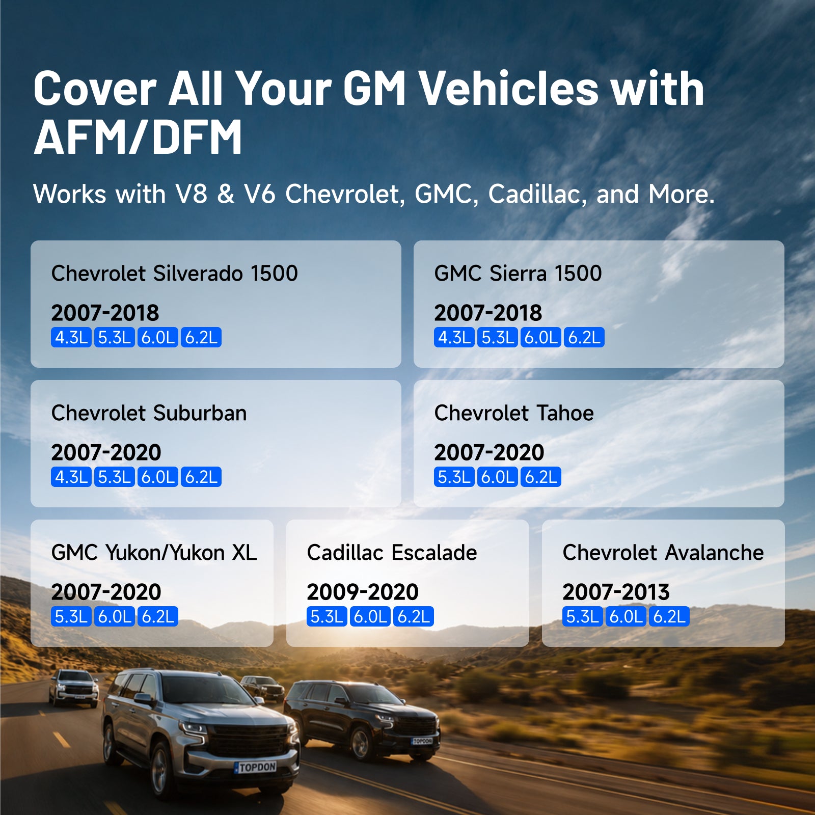 TOPDON AFM Disabler A+ graphic listing GM V6 and V8 compatibility for Chevrolet Silverado, GMC Sierra, Suburban, Tahoe, Yukon, Escalade, and Avalanche