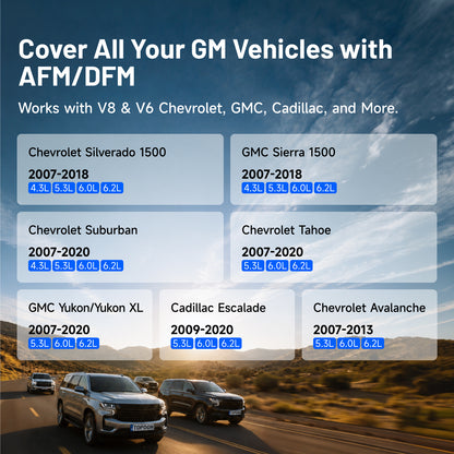 TOPDON AFM Disabler A+ graphic listing GM V6 and V8 compatibility for Chevrolet Silverado, GMC Sierra, Suburban, Tahoe, Yukon, Escalade, and Avalanche