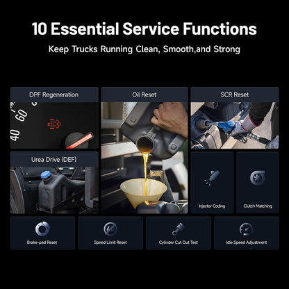 TOPDON ArtiDiag HD with 10 essential service functions for trucks including DPF, oil, and SCR reset