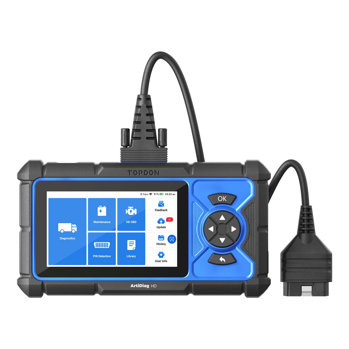 TOPDON ArtiDiag HD connected with OBD diagnostic cable