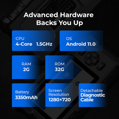 Hardware specifications of the TOPDON ArtiDiag500 BMS scanner showing CPU, OS, RAM, storage, battery, screen resolution, and detachable cable