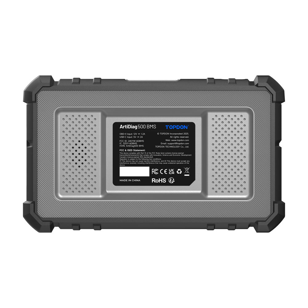Back view of the TOPDON ArtiDiag500 BMS automotive diagnostic tool with product label