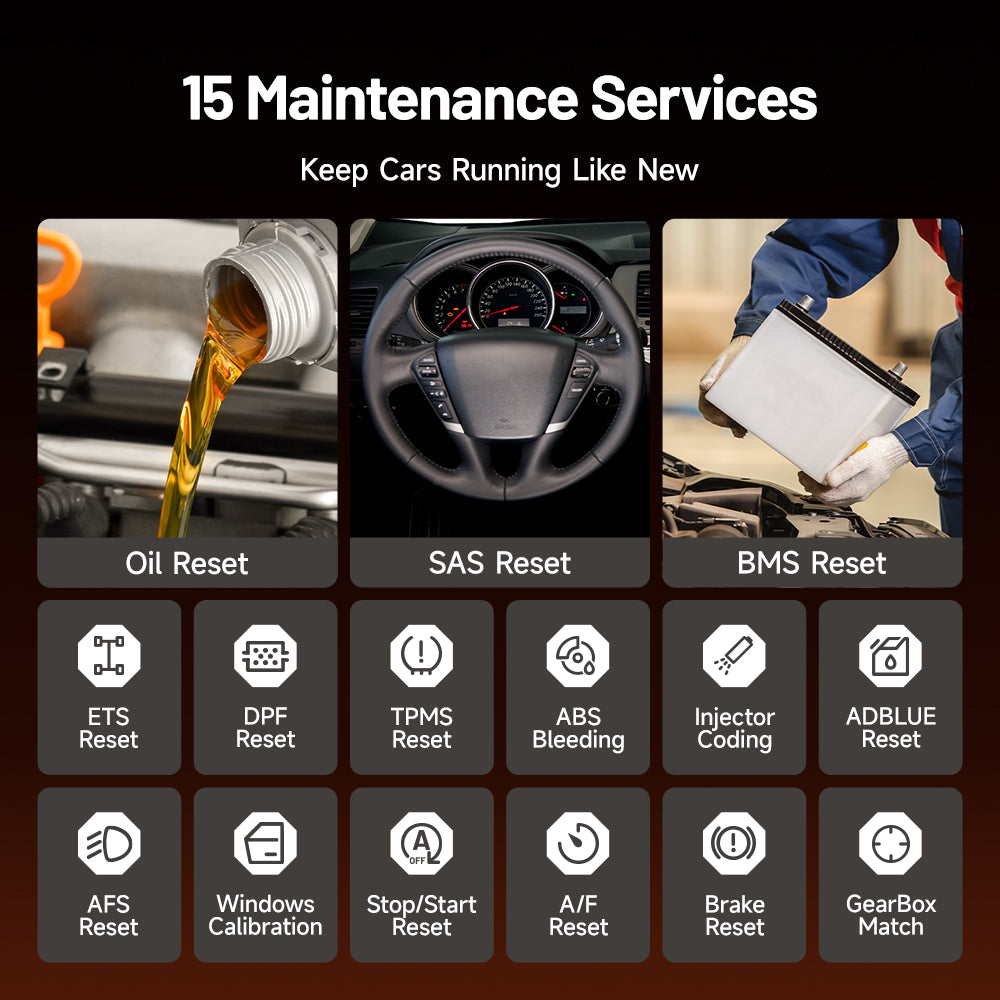 TOPDON ArtiDiag700 supporting 15 maintenance services, including oil, SAS, BMS, ETS, DPF, TPMS, ABS bleeding, injector coding and AdBlue resets