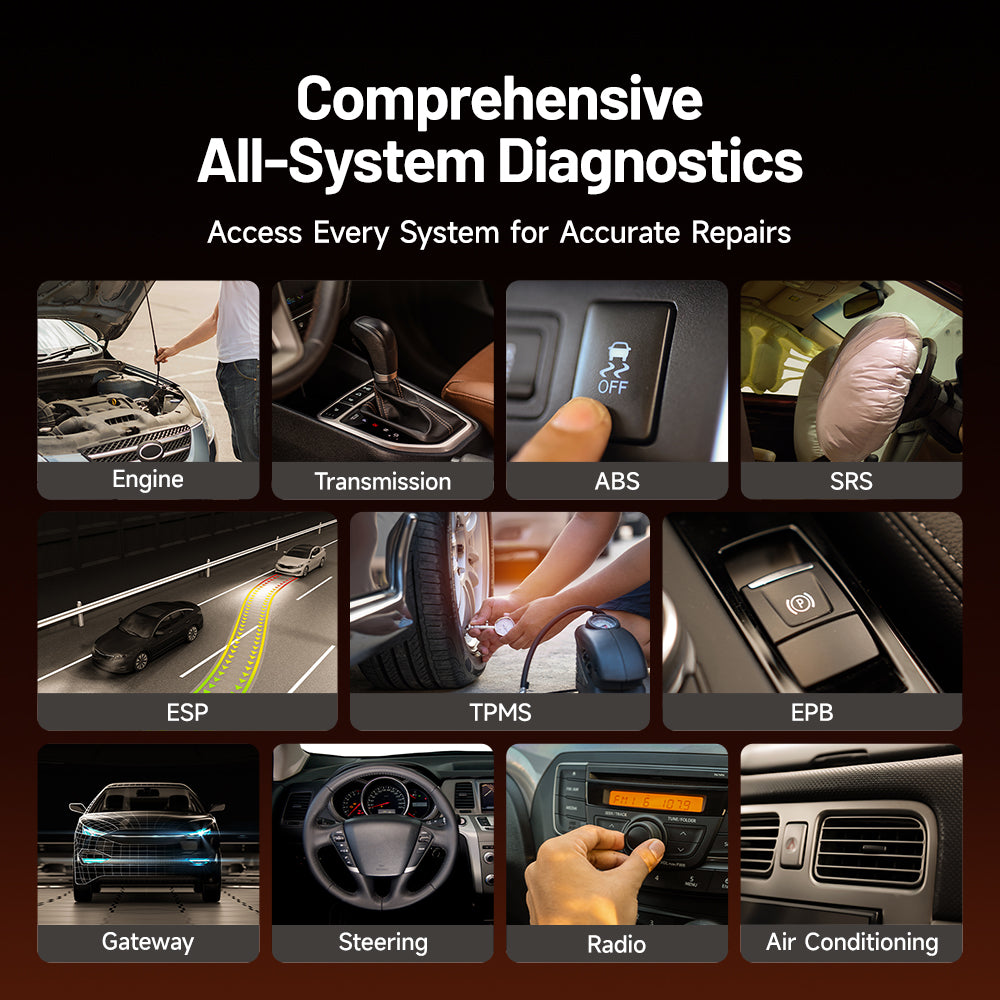 TOPDON ArtiDiag700 all-system diagnostic tool covering engine, transmission, ABS, SRS, ESP, TPMS, EPB, gateway, steering, radio and air conditioning systems