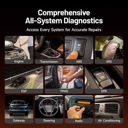 TOPDON ArtiDiag700 all-system diagnostic tool covering engine, transmission, ABS, SRS, ESP, TPMS, EPB, gateway, steering, radio and air conditioning systems