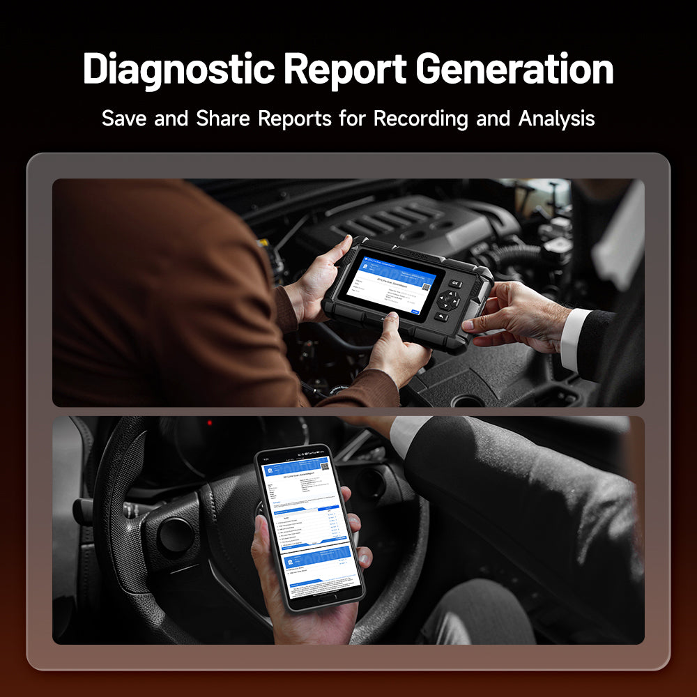 Technician using the TOPDON ArtiDiag700 to generate diagnostic reports and view saved vehicle scan results on a smartphone